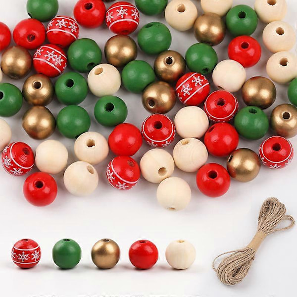 200 Stycken Jul Träpärlor Noel Pärlor 16mm Runda Träpärlor Vita Träpärlor Juldekoration i Trä med Hampasnöre för Festdekoration