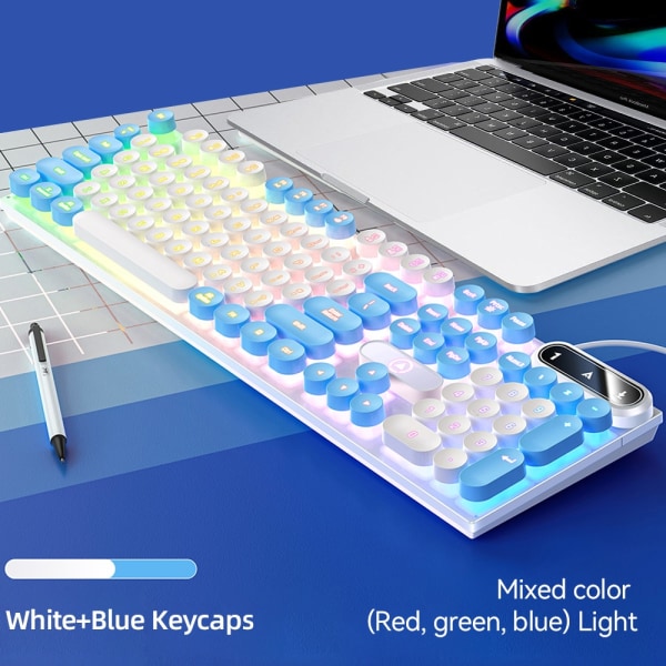 Retro Punk Round Keycap Gaming Keyboard Kablet RGB bakgrunnsbelyst tastatur USB Bakgrunnsbelyst 104 taster tastatur white blue