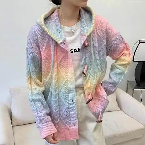 Höst Damtröja 2022 Ny Färg Tie-dye Regnbåge Kofta Tröja Kappa Kvinnor Vinter Lös Långärmad Stickad Hooded Kofta