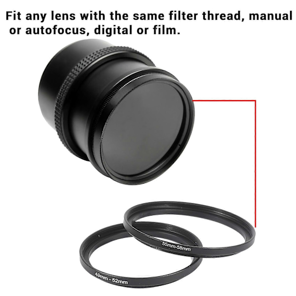 8 Delar Step-Up Adapterring Set, Inkluderar 49-52mm, 52-55mm, 55-58mm, 58-62mm, 62-67mm, 67-72mm, 72