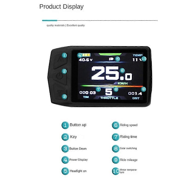 Ebike Display för KT TF01U 24V 36V 48V Intelligent Färgstark LCD Mätare Vattentät SM Kontakt Elect