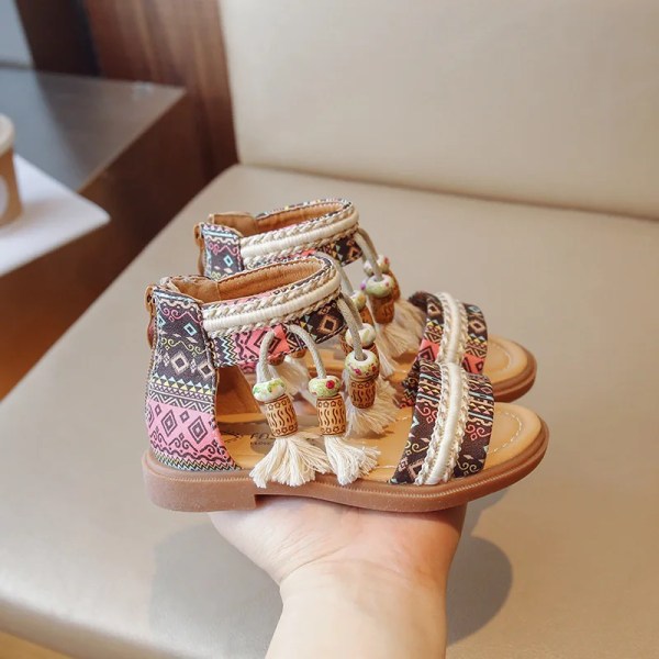 Barnsandaler sommar nya flickor etnisk stil retro strandskor mjuk botten babyskor flickor studentskor Brown 32