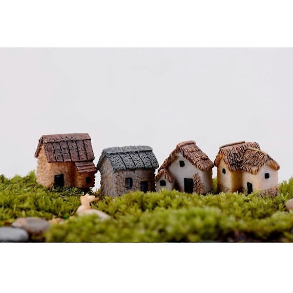 4-pak Miniature Havearbejde Landskab Miniature Landsby Stenhus Miniaturehus Stråtækt Sommerhus