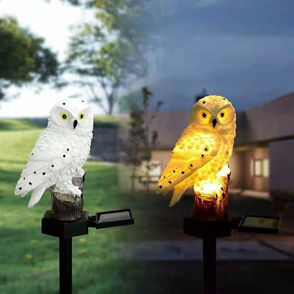 Pöllö aurinkovoimalla toimiva ulkokäyttöön tarkoitettu LED-puutarhavalo lintu puutarhakoriste säänkestävä veistos kotiin pihalle nurmikolle puutarhaan valkoinen