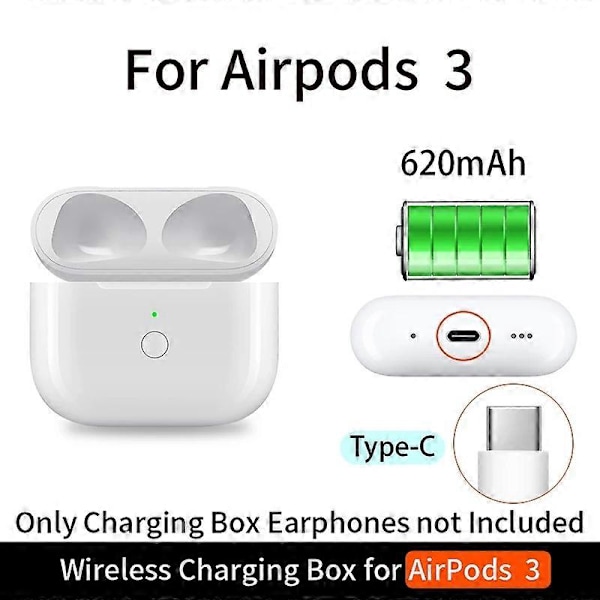 AFor AirPods 3 Trådlös Laddningsbox 620mAh Hörlursladdningsfodral, Typ-C Gränssnitt