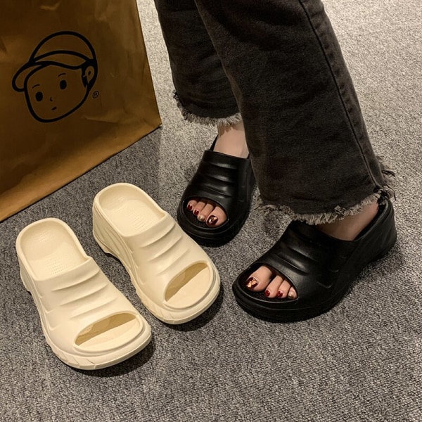 Damtofflor med tjock sula, sommarsandaler för stranden, plattformssandaler med extra höjd beige 36