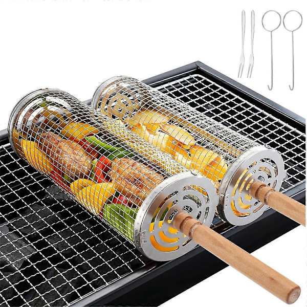 2 stk. BBQ Grillkurv, Rullende BBQ Grillkurv i Rustfritt Stål med Avtakbart Trehåndtak