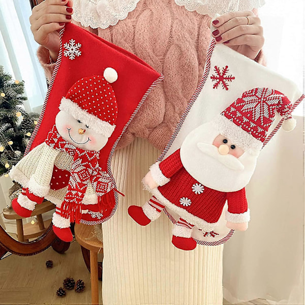2-pakning julestrømper, 45 cm røde julestrømper med 3D-stil Santa Snowman-mønster