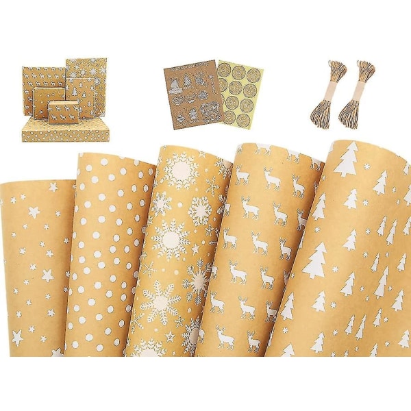 Kraft Julegavepapir Rull, Gavepapir 5 Mønstre 99 cm X 43 cm