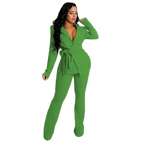 Suit Dame Jakkesæt 2 Dele Sæt Dame Buksesæt Kontortøj Kvinde Business Casual Kvindelige Outfits To Dele Sæt green M