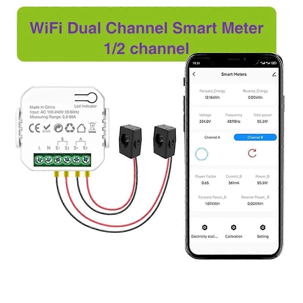 Tuya Wifi Smart Strømmåler med Strømtransformator Klemme 2 Kanal 80A Energimåler Smart Home Wa