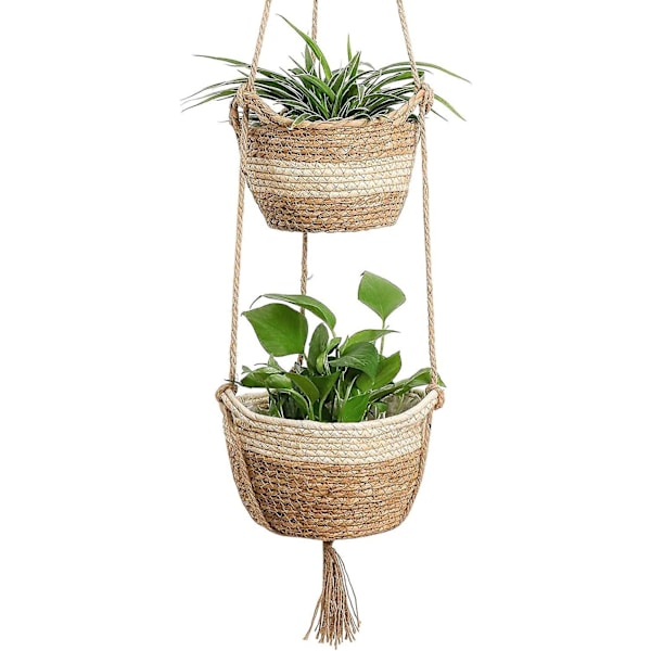 Hängande sjögräskruka, 2 storlekar vävd blomkruka inomhus utomhus - Blomkrukor Skydd Förvaringskorg Växtbehållare (Beige)