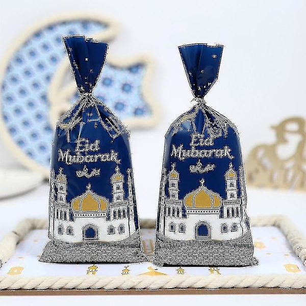 100 stk. Eid Mubarak Gaveposer, Blå Gull Ramadan-tema Trykte Eid Mubarak Festgodteposer med Twist Ties