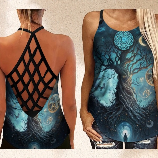 Naisten kesäinen hollow Out -hihaton Cross Cross Tank Top Muoti Tree of Life Abstrakti Print Y2k Top A 5XL