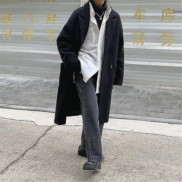 Fashion Trench Herr Ullrock Vinter Varm Enfärgad Lång Trench Jacka En Knapp Business Casual Ytterrock Herr Streetwear