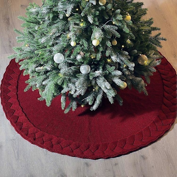 (122 cm, Rød) Juletræstæppe, Strikket juletræstæppe med tykt julesnefnug, rustikke juledekorationer, tæppebetræk til juletræ