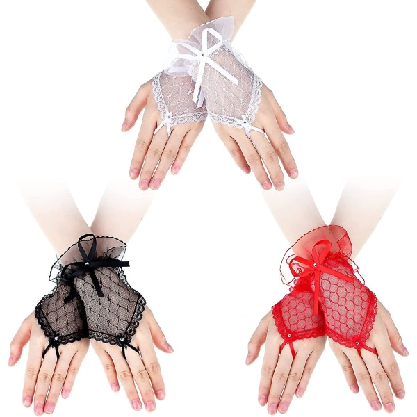 3 paria Halloween Short Fingerless Gloves Goth Lace Gloves Victorian Fishnet Gift