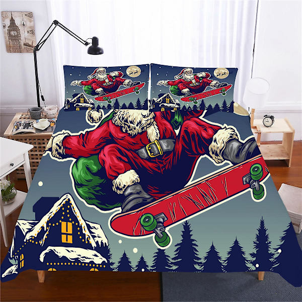 God Jul Påslakan King/Queen Size, röd Jultomte På Motorcykel Mönster Sängkläder Set 2/3 delar Polyester Täcke