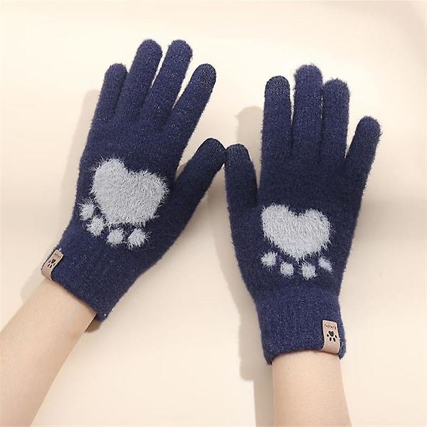 Söta hjärtformade handskar för kvinnor, fluffiga plyschhandskar för vintern navy