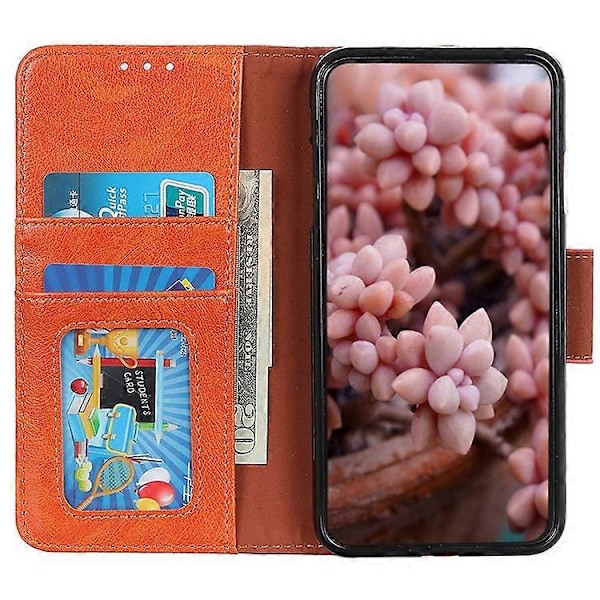 Kompatibelt För iPhone 15 Pro Delat Läder Telefonfodral Nappa Textur Stötsäkert Skal med Ställ Plånbok Orange