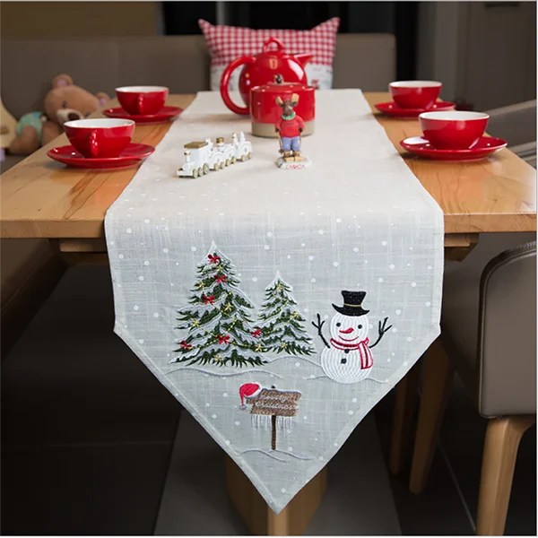 Jul Snögubbe 3D Broderad Europeisk Rektangulär Bordsmatta Halloween Bordsduk Christmas snowman 40X220cm