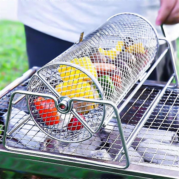 Grillkurv i rustfritt stål for BBQ, rotisserie rullende nettingbur for grilling, grilltilbehør