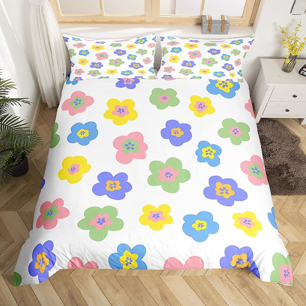 Søtt Blomster Konge Dronning Dynetrekk Fargerikt Tegneserie Funky Blomster Sengetøy Sett Vintage Groovy Blomster Doodle Polyester Dynetrekk