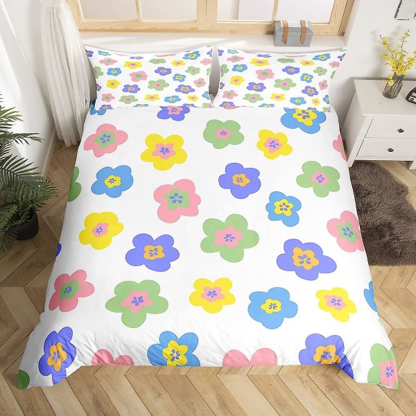 Sött Blomster Kung Drottning Påslakan Färgglatt Tecknat Roliga Blommor Bäddset Vintage Groovy Blommigt Klotter Polyester Täcke