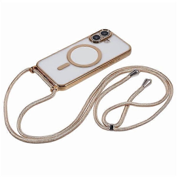 Kompatibelt skal för iPhone 16, kompatibelt med MagSafe, elektropläterad TPU-mobilskydd med långt snöre Gold