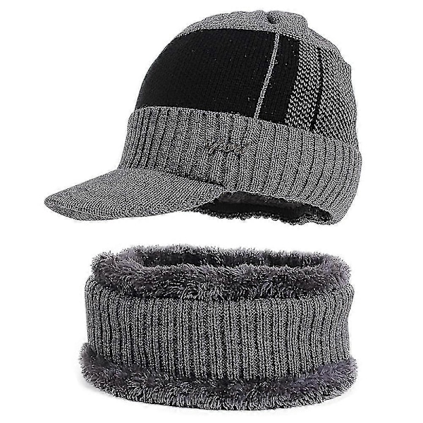 Varm Vinter Mössa Hatt Halsduk Set Fleecefodrad Utomhus Stickad Hatt Grå