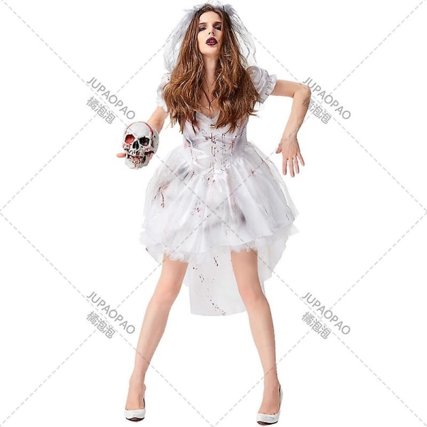 Zombie Death Bride -asu Aikuisten Nainen Halloween Carnival Ghost Vampire Roolipeli univormu, White Ghost Bride Verivaatteet M