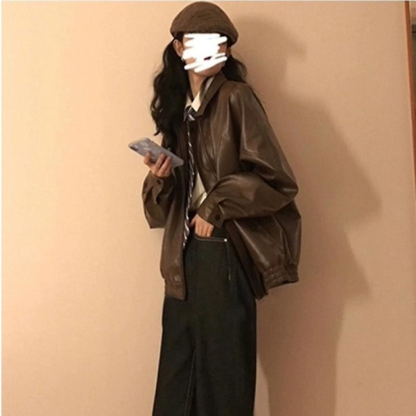 Syksyinen uusi Pu-nahkatakki Naisten kevät Vintage Ruskea Moottoripyörätakki Naisten Korean Löysät Street Outwear M (Less than 55kg)