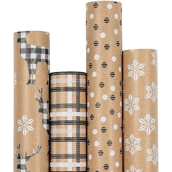 Design til juleindpakningspapir, kraftpapir, hjorte, snefnug og plaid