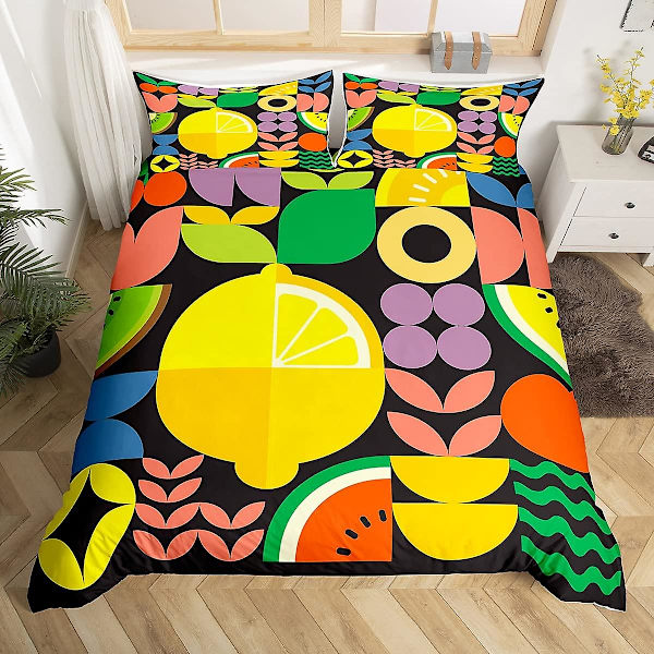Gult Citron Kung Drottning Påslakan Tecknade Frukter Akvarell Sängkläder Set Färgglada Körsbärsblad Geometri Polyester Täcke