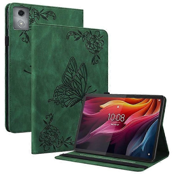 Kompatibelt Fodral för Lenovo Tab K11 Plus Fjäril Blomma Tryck PU Läder Tablet Skydd med Kortfack Green