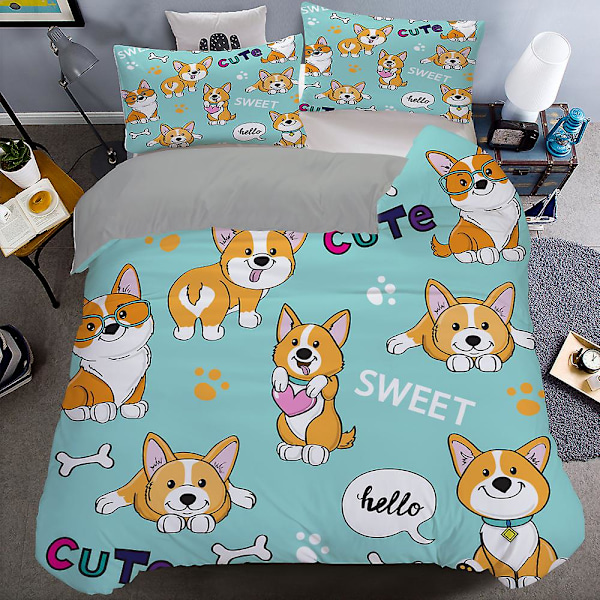 Corgi-koirat Peittopussi King Queen -koko Sarjakuvamainen Lemmikki Pennun Perhe Vuodevaatesetti Lapsille Pojille Tytöille Ihana Eläinaiheinen Peittopäällinen