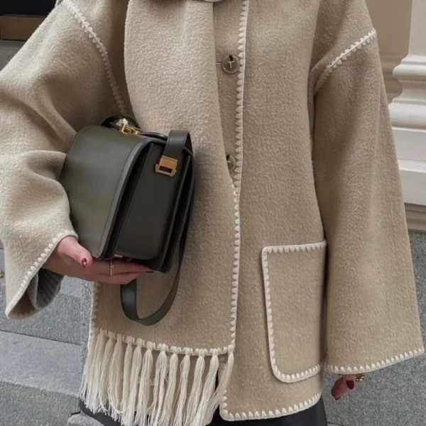 Elegant Lös Damkappa med Halsduk Mode Långärmad Ficka Enkelknäppt Damrockar 2023 Höst Vinter Damjacka Light Grey M