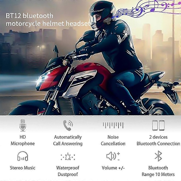 BT12 Motorcykelhjälm Headset Bluetooth Hörlurar Musikdelning Brusreducering Handsfree BT V4.2 Hörlurar Handsfree Med Mikrofon för M SZRH A-B