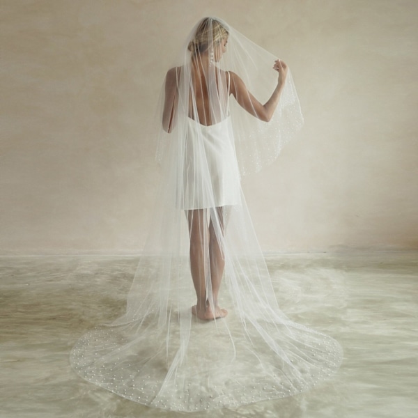 Pärlbröllopsklänning Blush 2-lagers Brudslöja Katedral Längd Draperad Slöja Pärlbroderade Bröllopstillbehör off white 200cm
