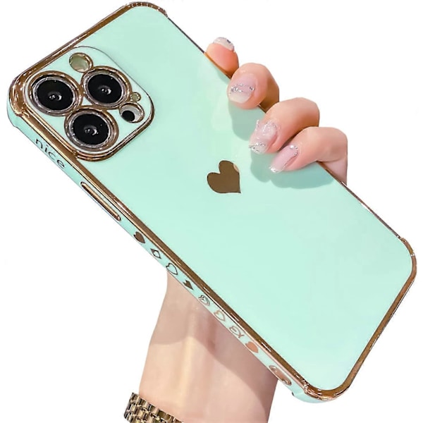 Kompatibel med iPhone 13 Pro Max Deksel Søt, Luksuriøs Kjærlighetshjerte Plating Ramme Design med Kamerabeskyttelse, Myk TPU Bumper - Grønn