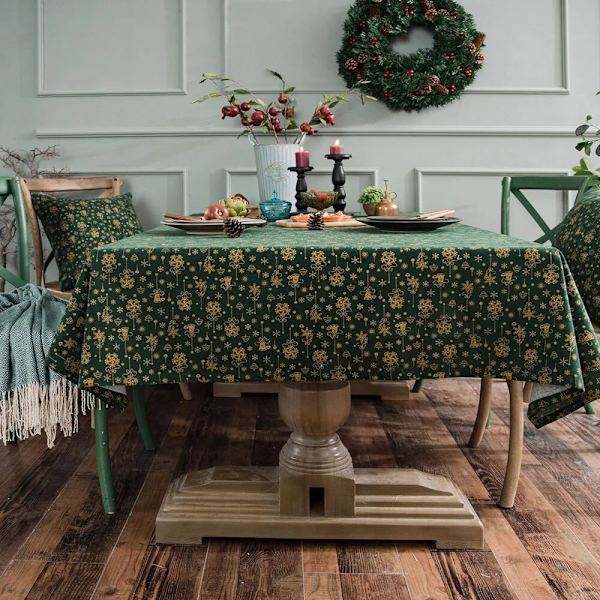 Linned Bomuld Julefrokost Dug Japansk Grøn Bronzering Vindspil Rektangulær Spisebordsdækning til Hjemmet Dekorativ White 140x200cm