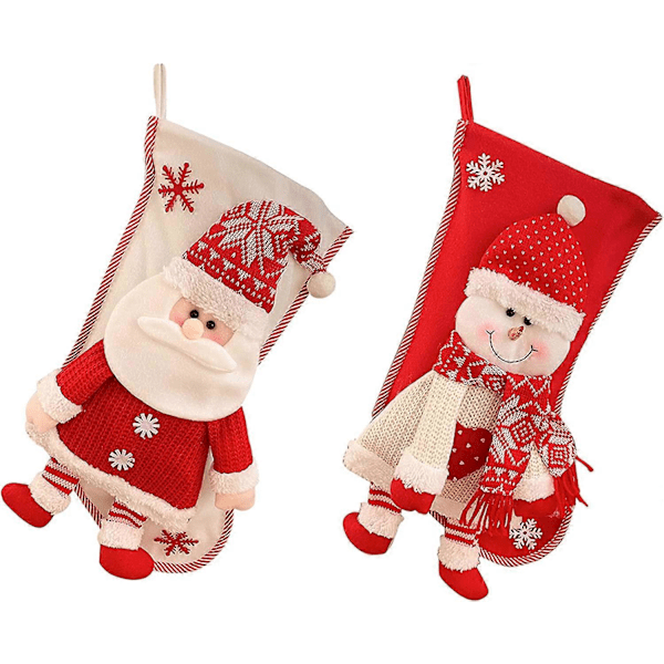 2-pakning julestrømper, 45 cm røde julestrømper med 3D-stil Santa Snowman-mønster