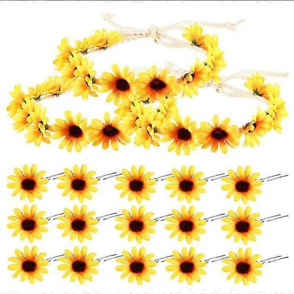 15 stk. solsikkehårspenner, blomsterhårspenner med 3 stk. solsikkekrans-hårbøyle solsikke