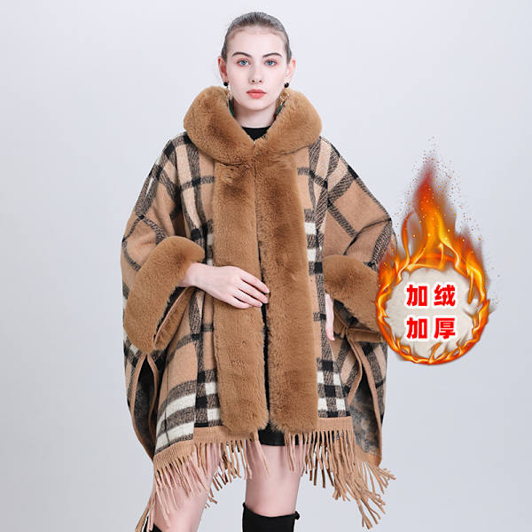 Höst- och vintertrendig cape sjal plus sammet förtjockad pälskrage rutig huva tofs stickad sjal cape Camel plus velvet 80-100cm