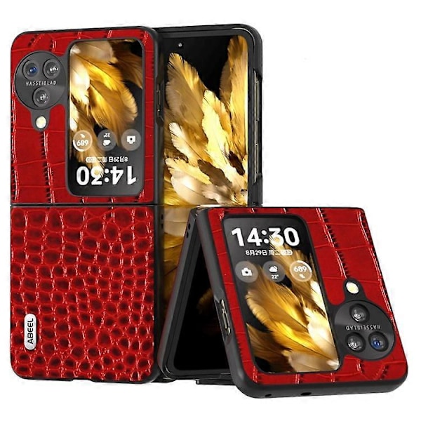 ABEEL Kompatibel med Oppo Find N3 Flip 5G Krokodiltextur Telefonskal Äkta Koläderbelagd PC Vikbart Fodral Red