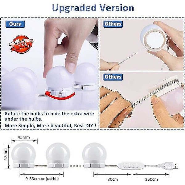 Speillyssett med 14 pærer for sminkebord, dimbart Hollywood LED-speil, USB-sminkelampe med bryter og kabel, 3 farger og 10 lysstyrker