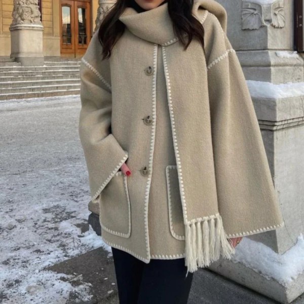 Elegant Lös Damkappa med Halsduk Mode Långärmad Ficka Enkelknäppt Damrockar 2023 Höst Vinter Damjacka Light Grey M