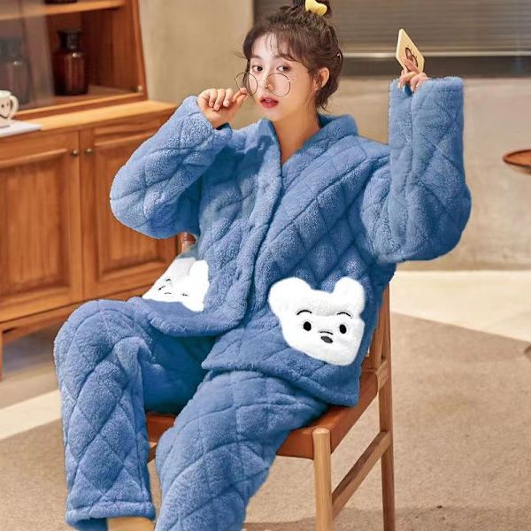 Blå Björn Blå Sammet Pyjamas Dam Långärmad Plus Sammet Tecknad Coral Fleece Blue Bear M