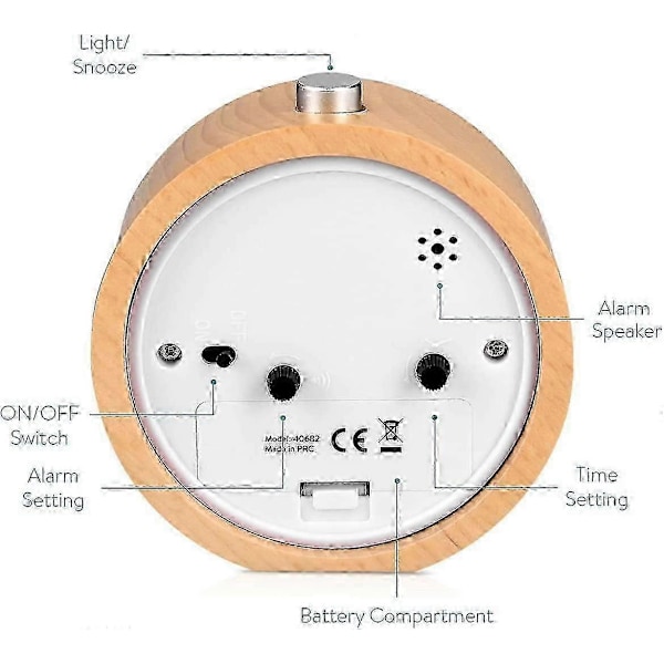Vækkeur i træ, lydløst analogt batteridrevet med snooze og natlys - naturligt træ soveværelse kontorindretning
