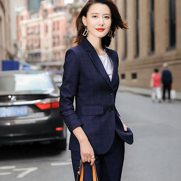 Rutiga Kostymer Dam Hög Eed Formell Intervju Business Slim Blazer Och Byxor Kontorsdamer Mode Arbetskläder Navy coat and pants 4XL